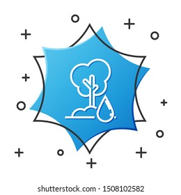 White line Watering Tree icon isolated on white background. Forest symbol. Irrigation symbol. Blue hexagon button. Vector Illustration