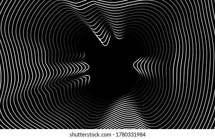white line wave surrounds to the middle with dark black background and gradient white and black line wave