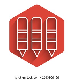 White line Wax crayons for drawing icon isolated with long shadow. Red hexagon button. Vector Illustration
