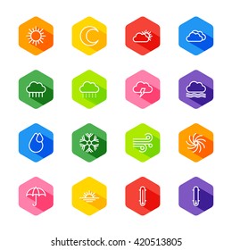 white line weather icon set on colorful hexagon with shadow for web design, user interface (UI), infographic and mobile application (apps)