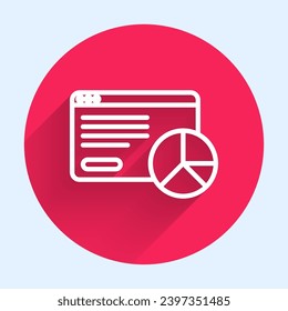 White line Web analytics information and development website statistic icon isolated with long shadow. Analysis, management, marketing, research. Red circle button. Vector