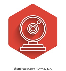 White line Web camera icon isolated with long shadow. Chat camera. Webcam icon. Red hexagon button. Vector Illustration