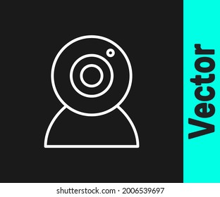 Icono de cámara web de línea blanca aislado en fondo negro. Cámara de chat. Icono de cámara web.  Vector