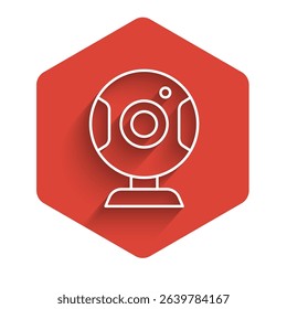 White line Web camera icon isolated with long shadow background. Chat camera. Webcam icon. Red hexagon button. Vector