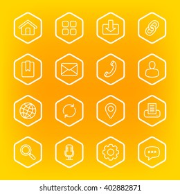 white line web icon set with hexagon frame for web design, user interface (UI), infographic and mobile application (apps)
