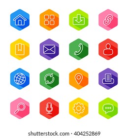 white line web icon set on colorful hexagon with shadow for web design, user interface (UI), infographic and mobile application (apps)