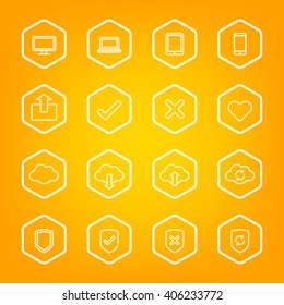 white line web icon set with hexagon frame for web design, user interface (UI), infographic and mobile application (apps)