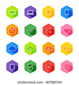 white line web icon set on colorful hexagon with shadow for web design, user interface (UI), infographic and mobile application (apps)