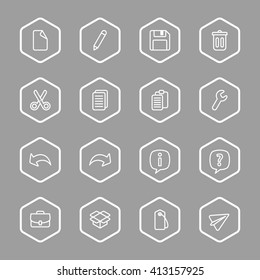 white line web icon set with hexagon frame for web design, user interface (UI), infographic and mobile application (apps)