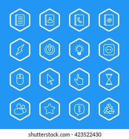 white line web icon set with hexagon frame for web design, user interface (UI), infographic and mobile application (apps)