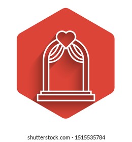 White line Wedding arch icon isolated with long shadow. Wedding decoration. Red hexagon button. Vector Illustration