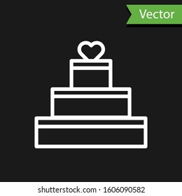 White line Wedding cake with heart icon isolated on black background. Valentines day symbol.  Vector Illustration