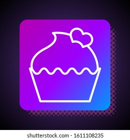 White line Wedding cake with heart icon isolated on black background. Valentines day symbol. Square color button. Vector Illustration