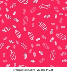 White line Wedding ring icon isolated seamless pattern on red background. Bride and groom jewelry sign. Marriage symbol. Diamond ring.  Vector