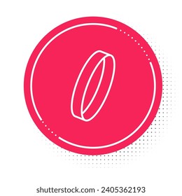 Icono del anillo de bodas de línea blanca aislado en fondo blanco. Cartel de joyería de novias y novios. Símbolo del matrimonio. Anillo de diamantes. Botón de círculo rojo. Vector