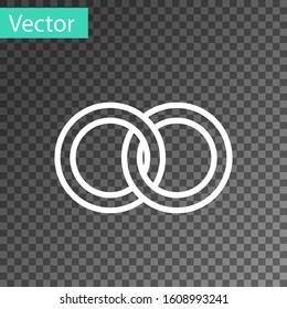 White line Wedding rings icon isolated on transparent background. Bride and groom jewelery sign. Marriage icon. Diamond ring icon.  Vector Illustration