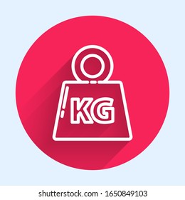 White line Weight icon isolated with long shadow. Kilogram weight block for weight lifting and scale. Mass symbol. Red circle button. Vector Illustration