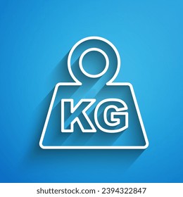 White line Weight icon isolated on blue background. Kilogram weight block for weight lifting and scale. Mass symbol. Long shadow. Vector