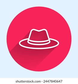 Icono de sombrero de vaquero occidental de línea blanca aislado con sombra larga. Botón de círculo rojo. Vector