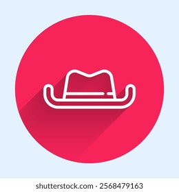 White line Western cowboy hat icon isolated with long shadow. Red circle button. Vector