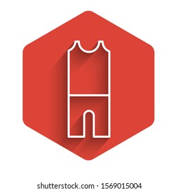 White line Wetsuit for scuba diving icon isolated with long shadow background. Diving underwater equipment. Red hexagon button. Vector Illustration