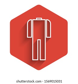 White line Wetsuit for scuba diving icon isolated with long shadow background. Diving underwater equipment. Red hexagon button. Vector Illustration