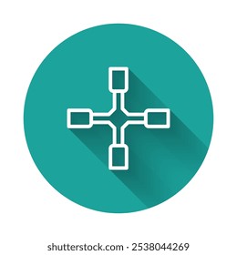 White line Wheel wrench icon isolated with long shadow background. Wheel brace. Green circle button. Vector
