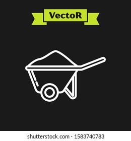 White line Wheelbarrow with dirt icon isolated on black background. Tool equipment. Agriculture cart wheel farm.  Vector Illustration