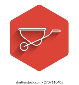 Icono de la carretilla de la línea blanca aislado con la sombra larga. Equipo de herramientas. Agricultura granja de ruedas de Carrito. Botón hexagonal rojo. Ilustración vectorial