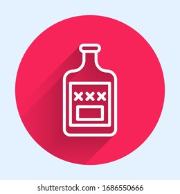 White line Whiskey bottle icon isolated with long shadow. Red circle button. Vector Illustration