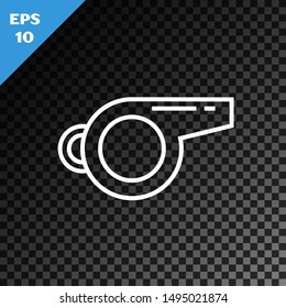 White line Whistle icon isolated on transparent dark background. Referee symbol. Fitness and sport sign.  Vector Illustration