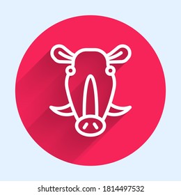 White line Wild boar head icon isolated with long shadow. Animal symbol. Red circle button. Vector