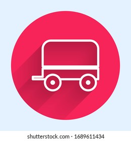 White Line Wild West Covered Wagon Icon Isolated With Long Shadow. Red Circle Button. Vector Illustration