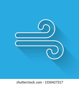 White line Wind icon isolated with long shadow. Windy weather.  Vector Illustration