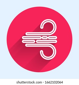 White line Wind icon isolated with long shadow. Windy weather. Red circle button. Vector Illustration