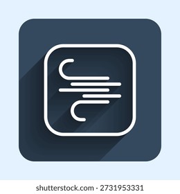 White line Wind icon isolated with long shadow background. Windy weather. Blue square button. Vector