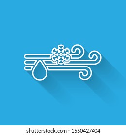 White line Wind and rain with snow icon isolated with long shadow. Windy weather.  Vector Illustration