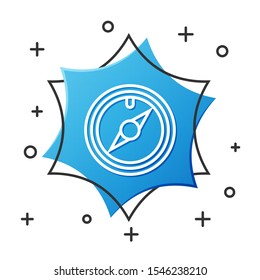 White line Wind rose icon isolated on white background. Compass icon for travel. Navigation design. Blue hexagon button. Vector Illustration