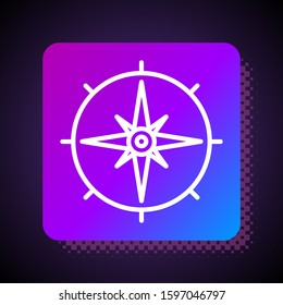 White line Wind rose icon isolated on black background. Compass icon for travel. Navigation design. Square color button. Vector Illustration
