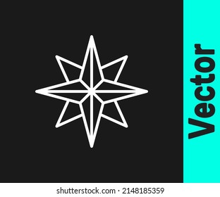 White line Wind rose icon isolated on black background. Compass icon for travel. Navigation design.  Vector Illustration