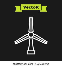 White line Wind turbine icon isolated on black background. Wind generator sign. Windmill silhouette. Windmill for electric power production.  Vector Illustration