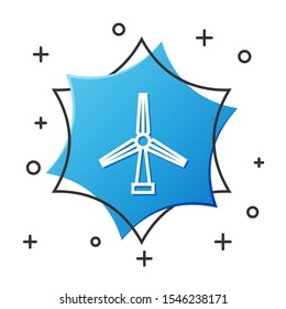 White line Wind turbine icon isolated on white background. Wind generator sign. Windmill silhouette. Windmill for electric power production. Blue hexagon button. Vector Illustration