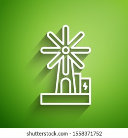 White line Wind turbine icon isolated on green background. Wind generator sign. Windmill for electric power production.  Vector Illustration