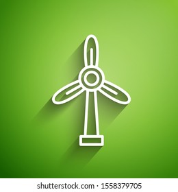 White line Wind turbine icon isolated on green background. Wind generator sign. Windmill for electric power production.  Vector Illustration