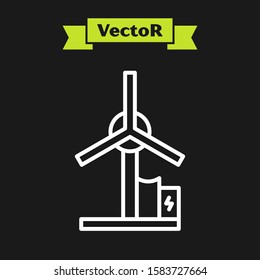 White line Wind turbine icon isolated on black background. Wind generator sign. Windmill for electric power production.  Vector Illustration