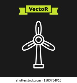 White line Wind turbine icon isolated on black background. Wind generator sign. Windmill for electric power production.  Vector Illustration