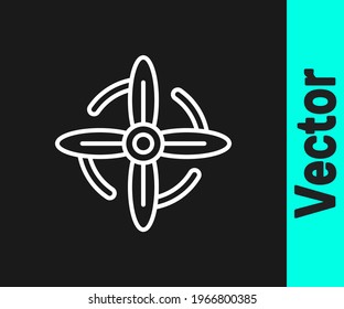 White line Wind turbine icon isolated on black background. Wind generator sign. Windmill for electric power production.  Vector