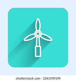 White line Wind turbine icon isolated with long shadow. Wind generator sign. Windmill for electric power production. Green square button. Vector