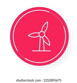 White line Wind turbine icon isolated on white background. Wind generator sign. Windmill for electric power production. Red circle button. Vector