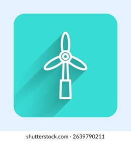 White line Wind turbine icon isolated with long shadow. Wind generator sign. Windmill for electric power production. Green square button. Vector